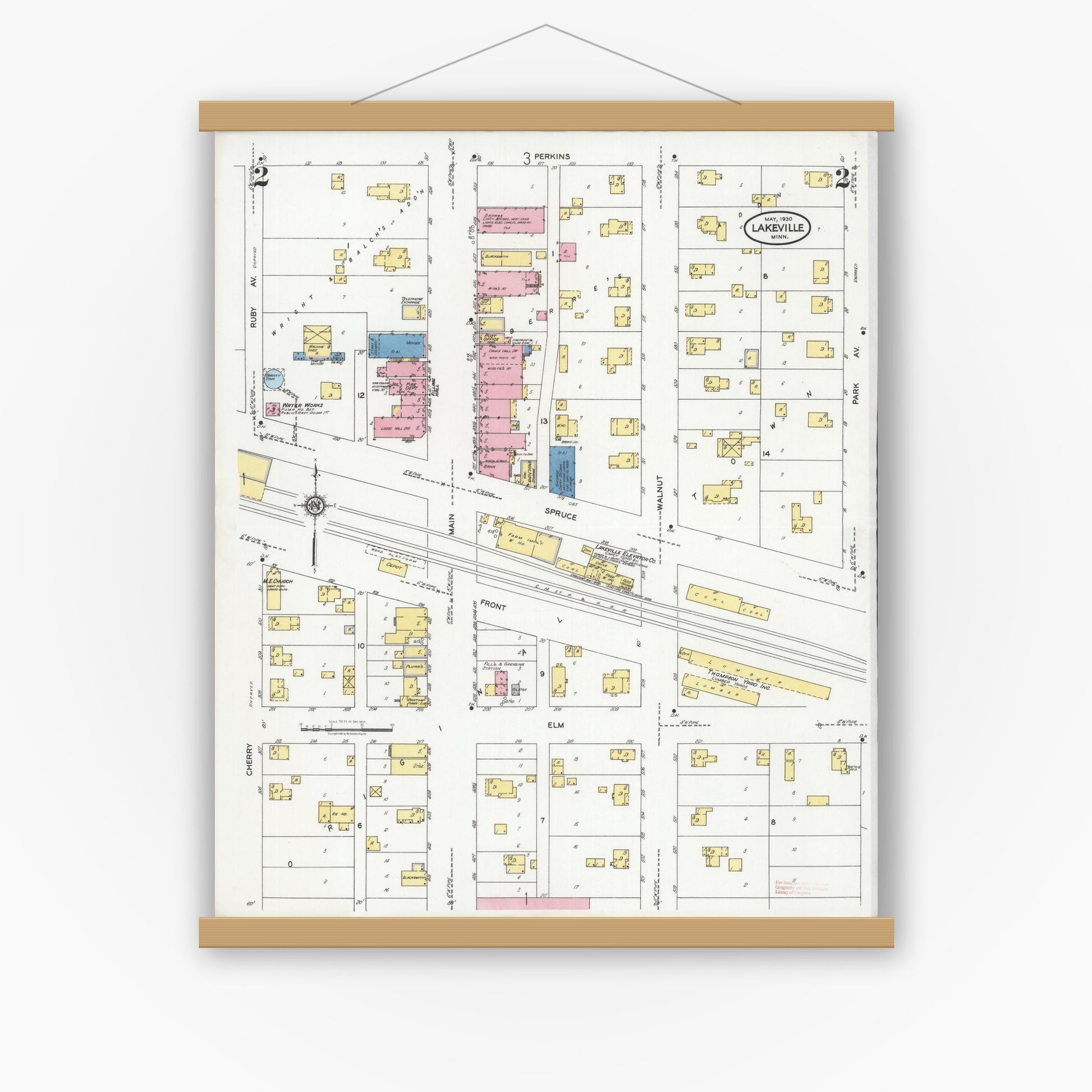 Old map wall art mockup — magnetic wood frame on white wall — Sanborn Fire Insurance Map from Lakeville, Dakota County, Minnesota (1930), Sheet #0002