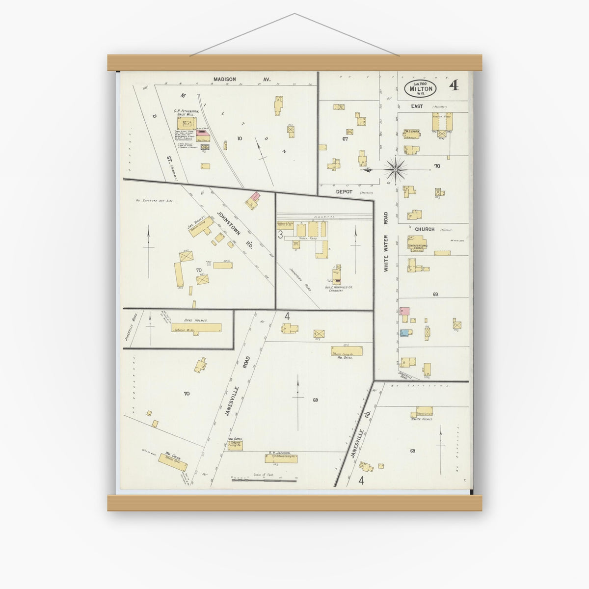 Old map wall art mockup — magnetic wood frame on white wall — Sanborn Fire Insurance Map from Milton, Rock County, Wisconsin (1900), Sheet #0004
