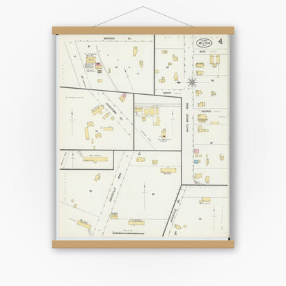 Old map wall art mockup — magnetic wood frame on white wall — Sanborn Fire Insurance Map from Milton, Rock County, Wisconsin (1900), Sheet #0004