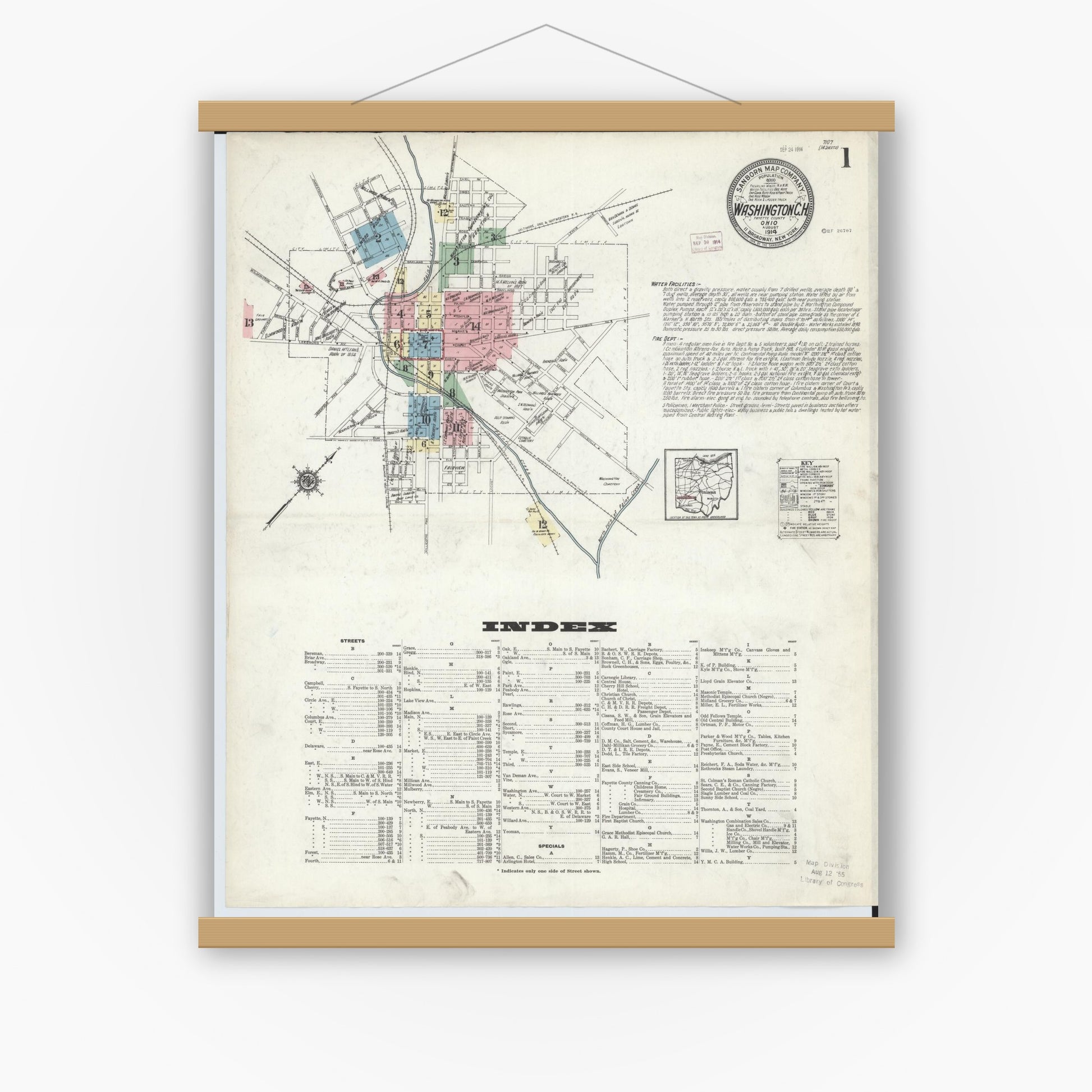 Old map wall art mockup — magnetic wood frame on white wall — Sanborn Fire Insurance Map from Washington Court House, Fayette County, Ohio (1914), Sheet #0001