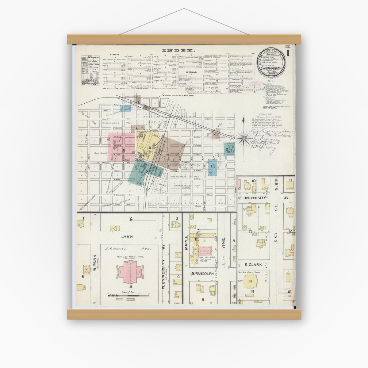 Old map wall art mockup — magnetic wood frame on white wall — Sanborn Fire Insurance Map from Champaign, Champaign County, Illinois (1892) - Complete Map Set