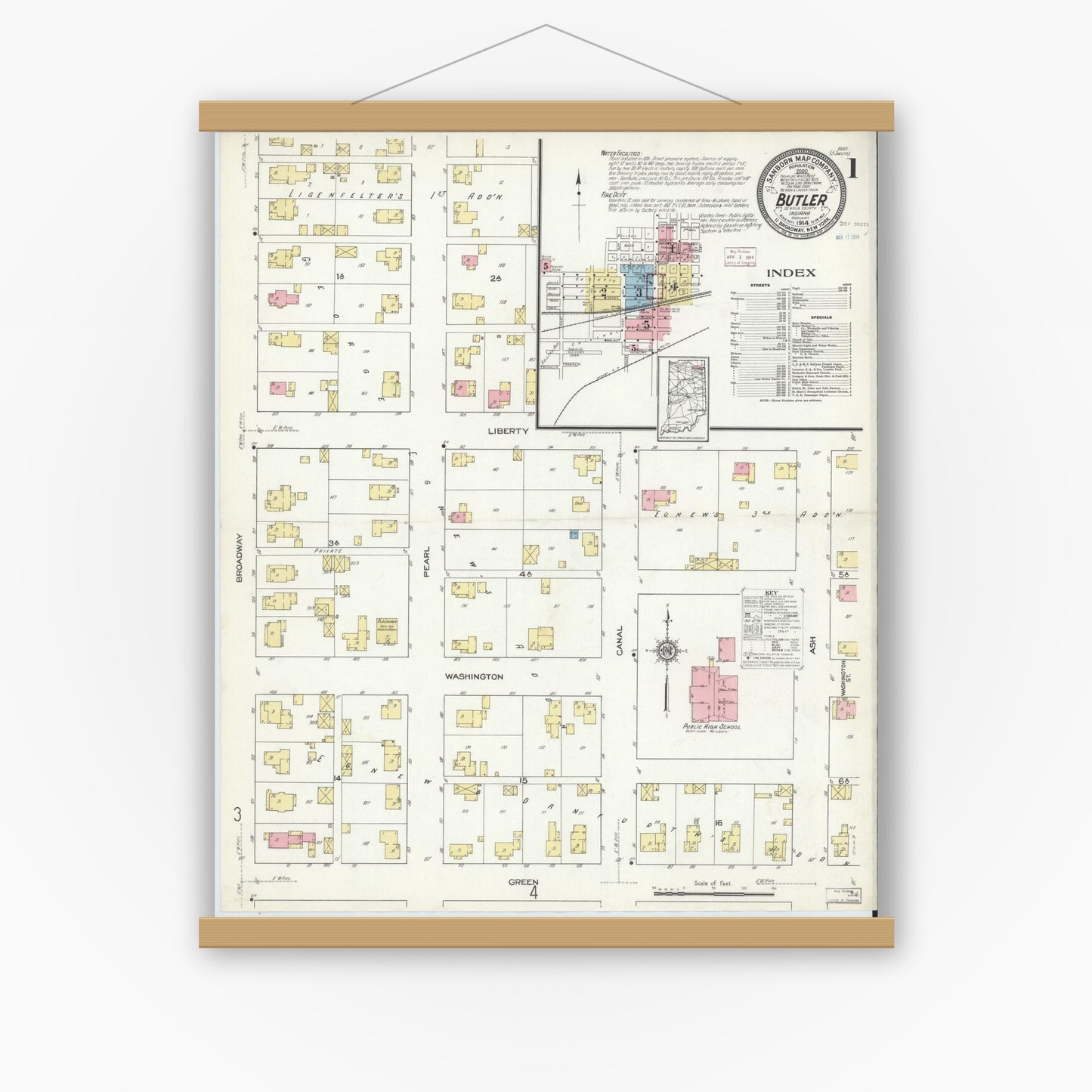 Old map wall art mockup — magnetic wood frame on white wall — Sanborn Fire Insurance Map from Butler, De Kalb County, Indiana (1914) - Complete Map Set