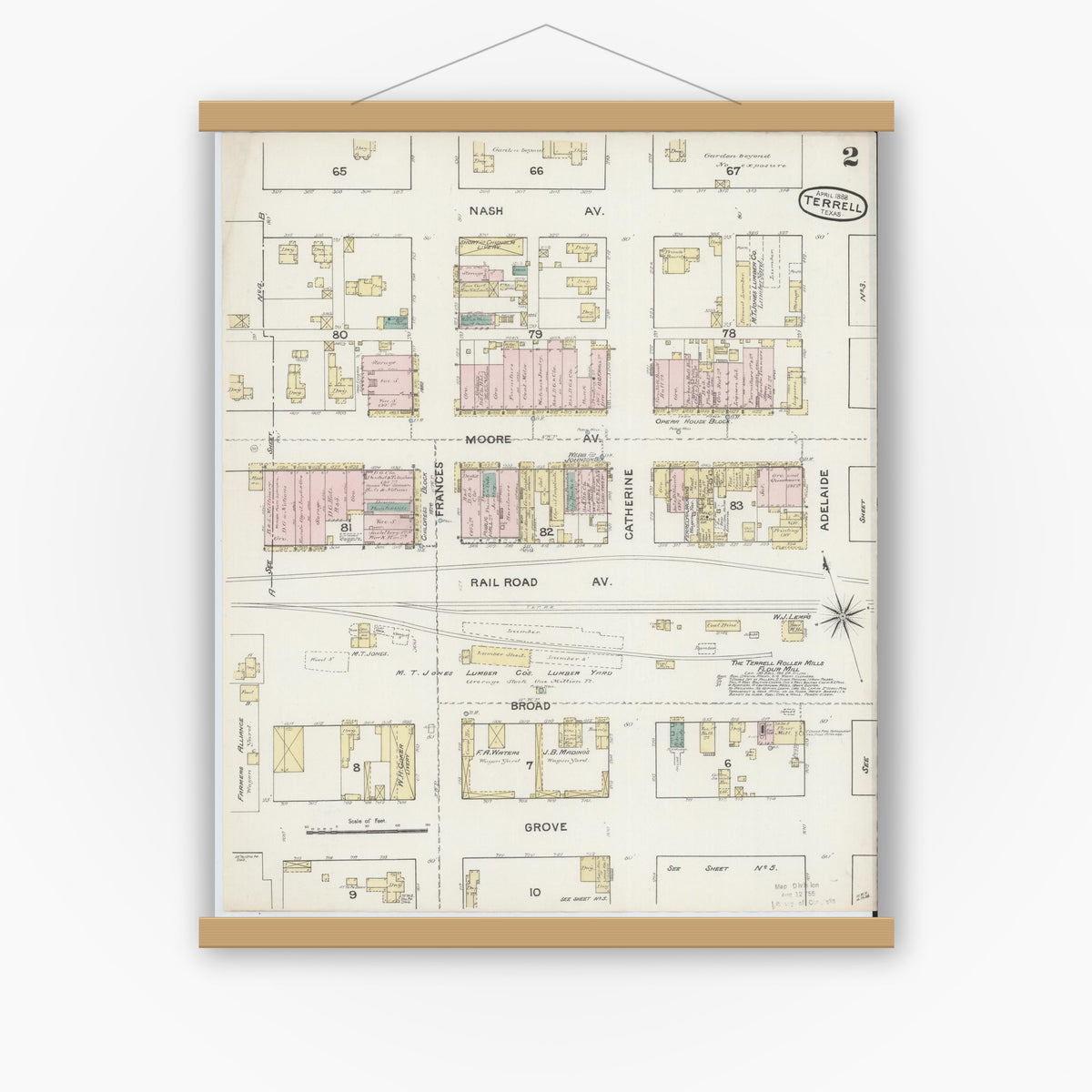Old map wall art mockup — magnetic wood frame on white wall — Sanborn Fire Insurance Map from Terrell, Kaufman County, Texas (1888), Sheet #0002