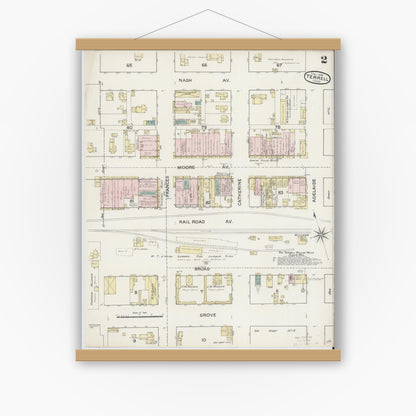 Old map wall art mockup — magnetic wood frame on white wall — Sanborn Fire Insurance Map from Terrell, Kaufman County, Texas (1888), Sheet #0002