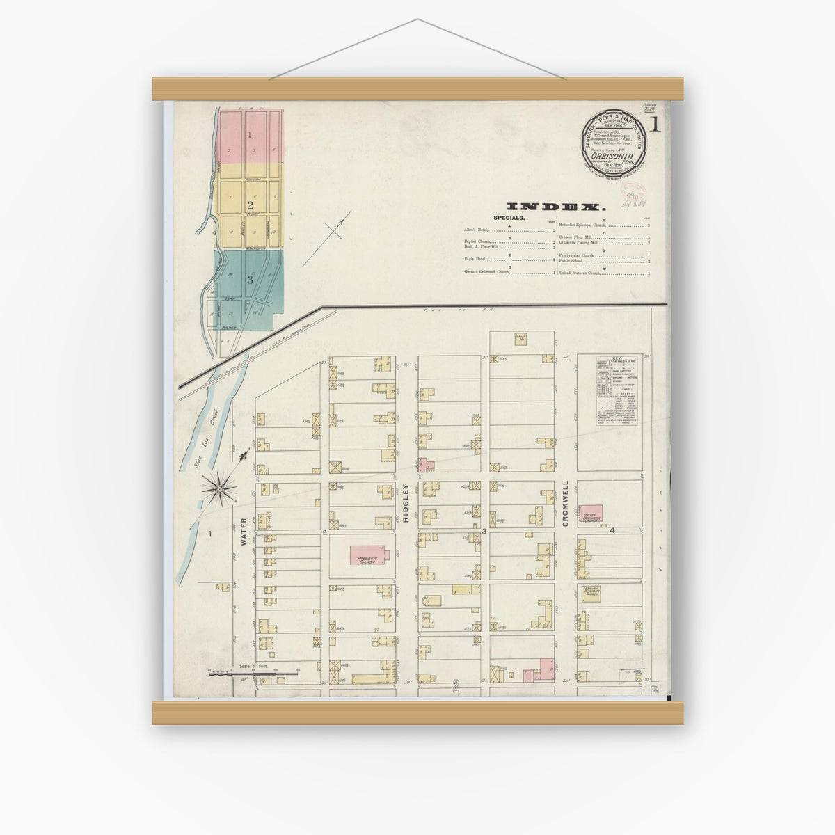 Old map wall art mockup — magnetic wood frame on white wall — Sanborn Fire Insurance Map from Orbisonia, Huntingdon County, Pennsylvania (1894) - Complete Map Set