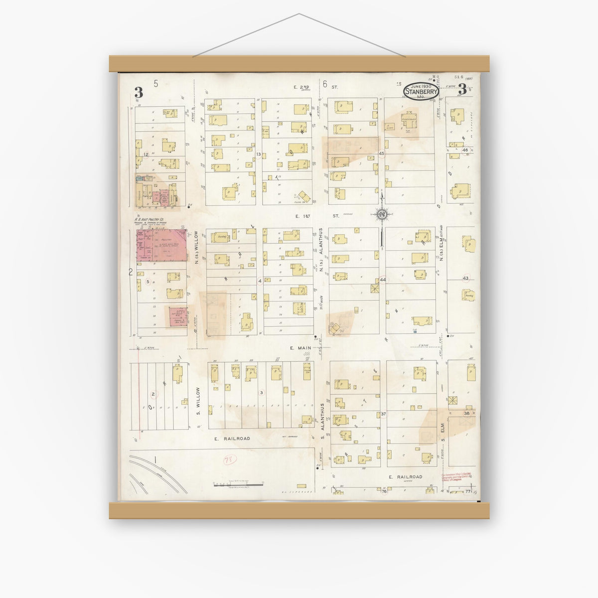 Old map wall art mockup — magnetic wood frame on white wall — Sanborn Fire Insurance Map from Stanberry, Gentry County, Missouri (1940), Sheet #0003