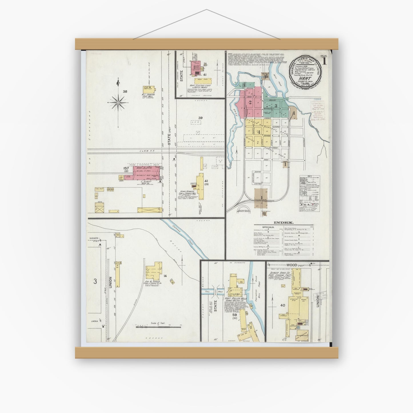 Old map wall art mockup — magnetic wood frame on white wall — Sanborn Fire Insurance Map from Hart, Oceana County, Michigan (1900), Sheet #0001