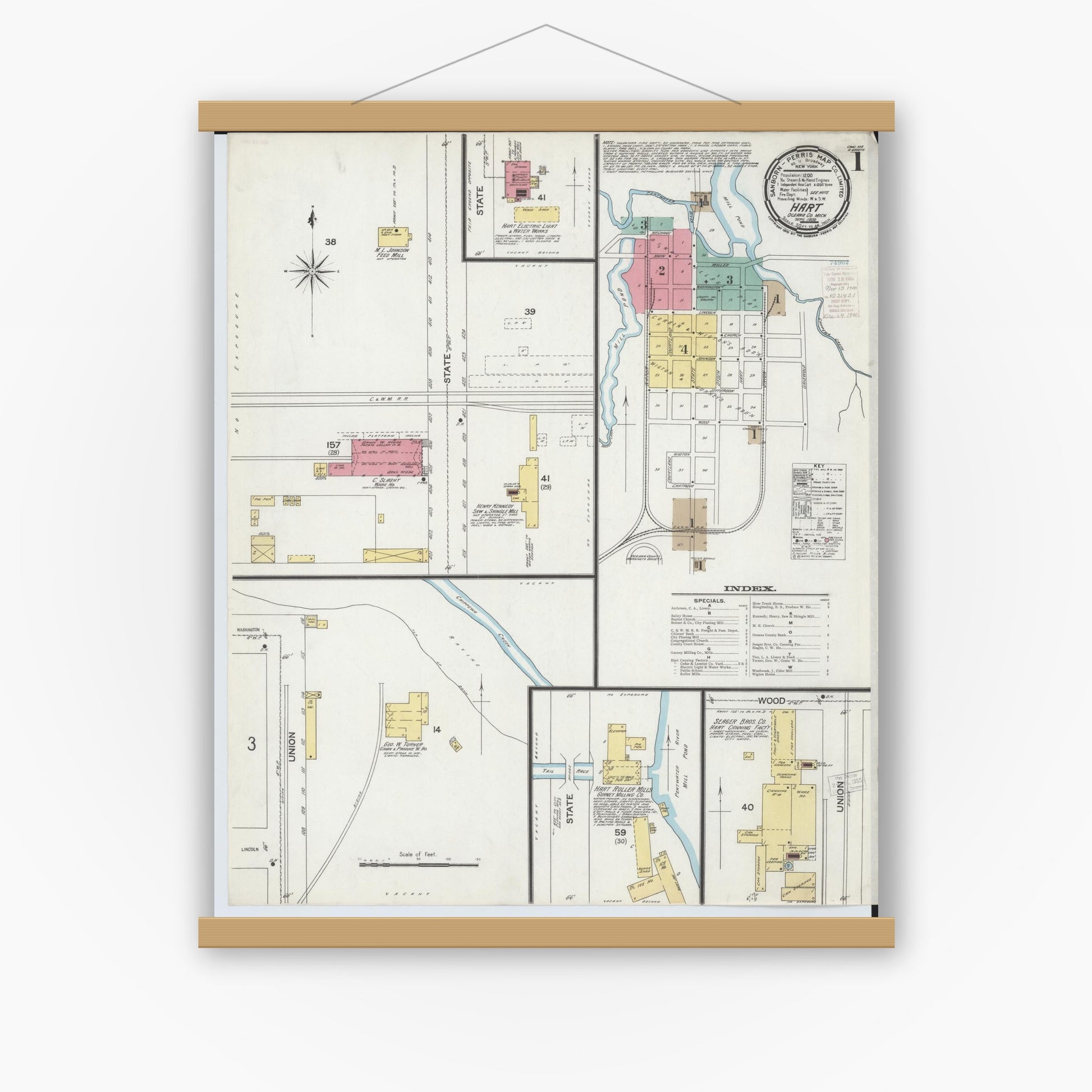 Old map wall art mockup — magnetic wood frame on white wall — Sanborn Fire Insurance Map from Hart, Oceana County, Michigan (1900), Sheet #0001