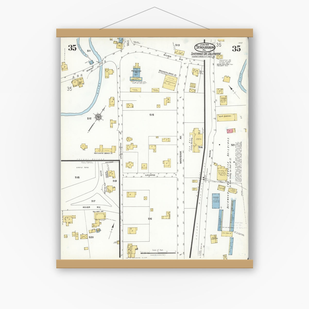 Old map wall art mockup — magnetic wood frame on white wall — Sanborn Fire Insurance Map from Stroudsburg, Monroe County, Pennsylvania (1923), Sheet #0035