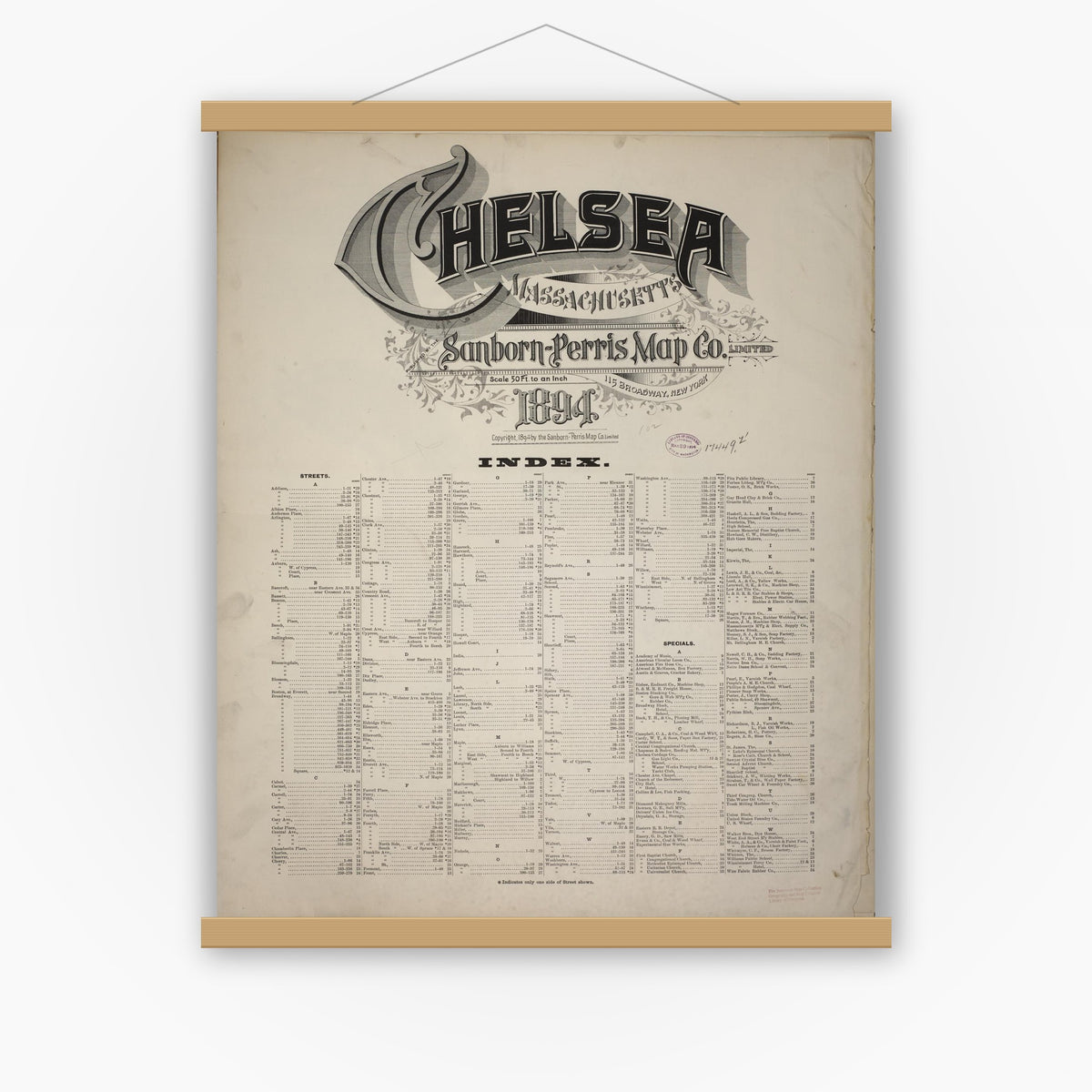 Old map wall art mockup — magnetic wood frame on white wall — Sanborn Fire Insurance Map from Chelsea, Suffolk County, Massachusetts (1894), Sheet #0001