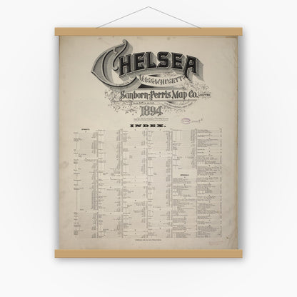 Old map wall art mockup — magnetic wood frame on white wall — Sanborn Fire Insurance Map from Chelsea, Suffolk County, Massachusetts (1894), Sheet #0001