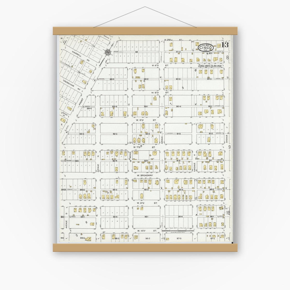 Old map wall art mockup — magnetic wood frame on white wall — Sanborn Fire Insurance Map from Cisco, Eastland County, Texas (1920), Sheet #0013