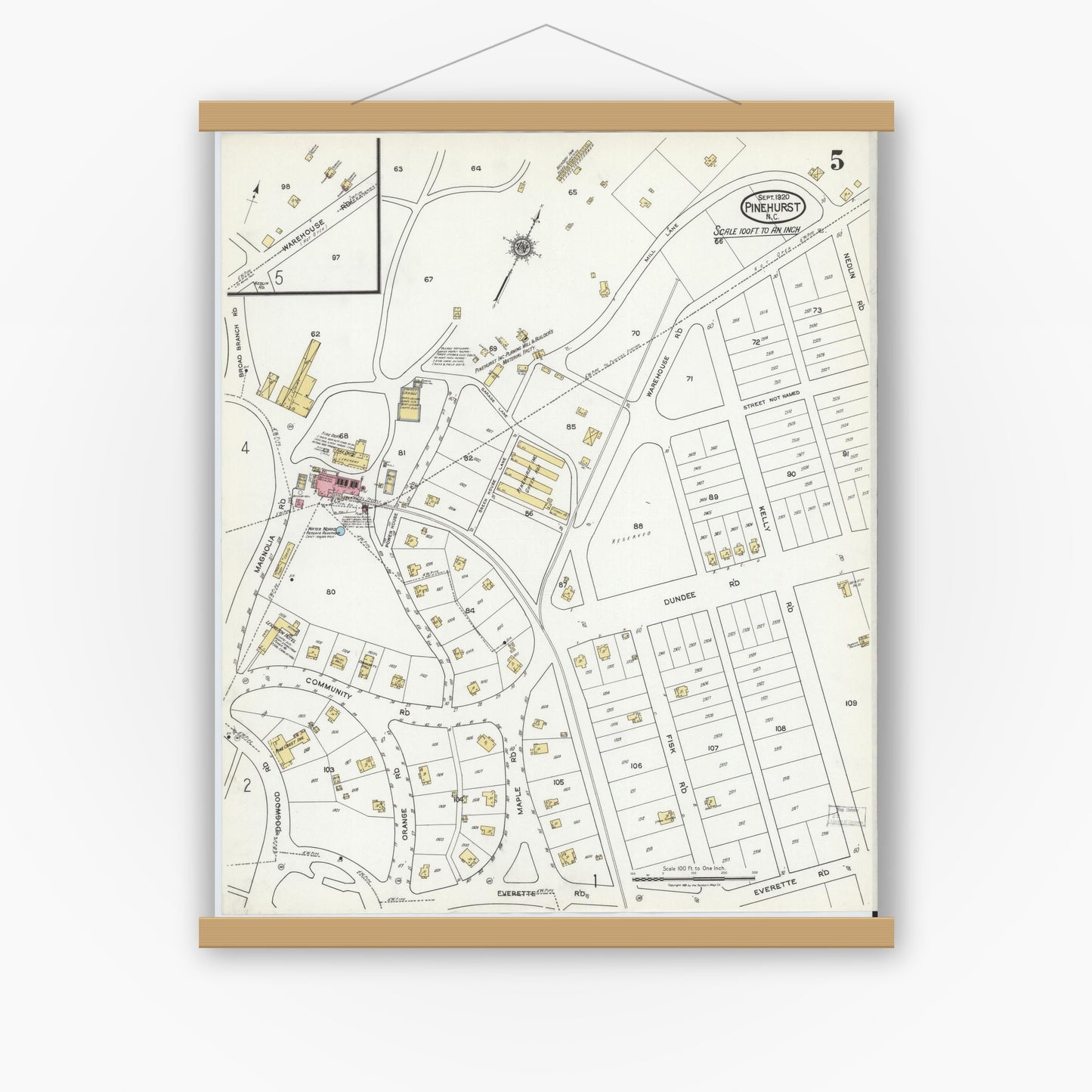 Old map wall art mockup — magnetic wood frame on white wall — Sanborn Fire Insurance Map from Pinehurst, Moore County, North Carolina (1920), Sheet #0005