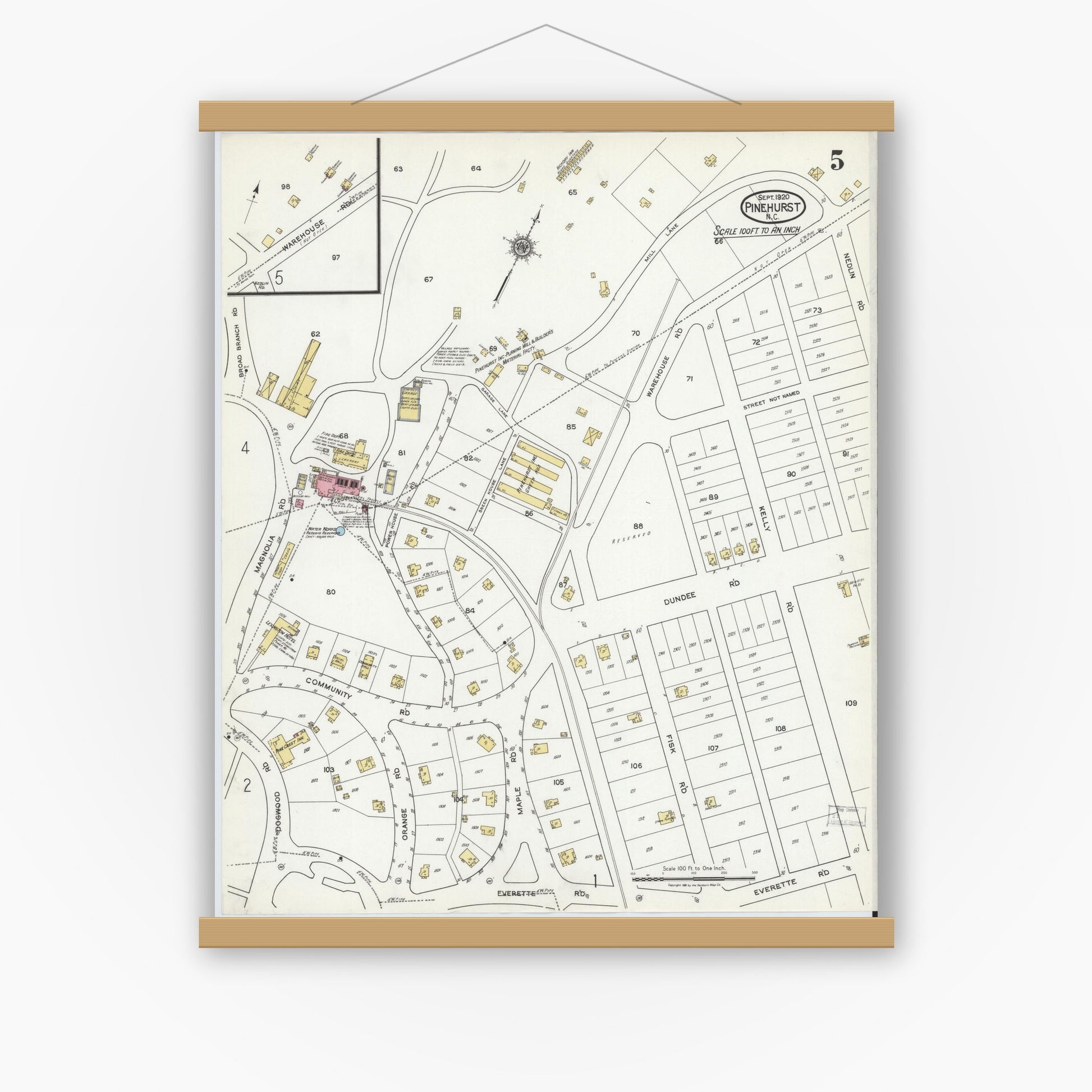 Old map wall art mockup — magnetic wood frame on white wall — Sanborn Fire Insurance Map from Pinehurst, Moore County, North Carolina (1920), Sheet #0005