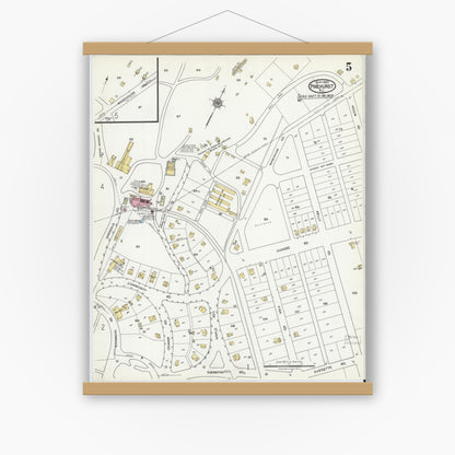Old map wall art mockup — magnetic wood frame on white wall — Sanborn Fire Insurance Map from Pinehurst, Moore County, North Carolina (1920), Sheet #0005