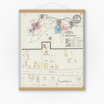 Old map wall art mockup — magnetic wood frame on white wall — Sanborn Fire Insurance Map from Southbridge, Worcester County, Massachusetts (1888), Sheet #0001