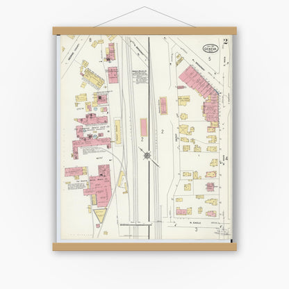 Old map wall art mockup — magnetic wood frame on white wall — Sanborn Fire Insurance Map from Geneva, Ashtabula County, Ohio (1911), Sheet #0002