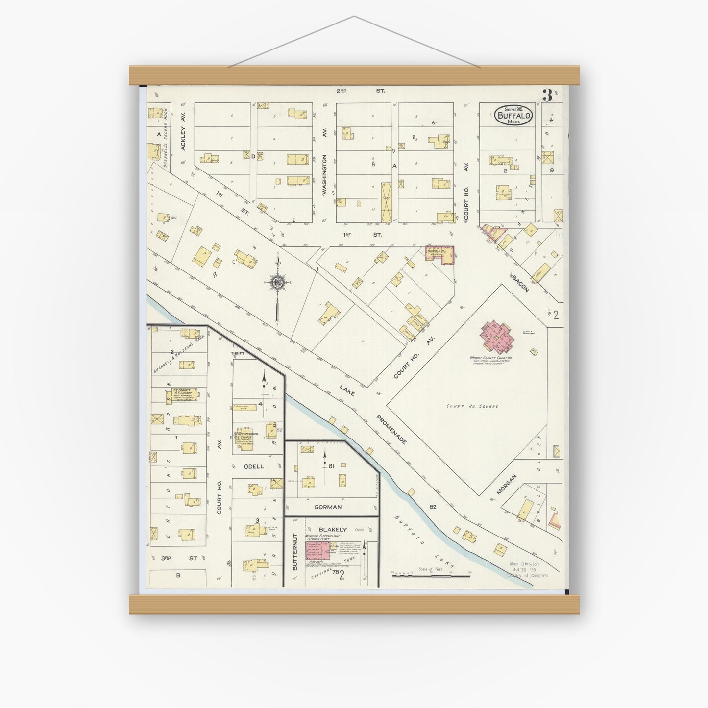Old map wall art mockup — magnetic wood frame on white wall — Sanborn Fire Insurance Map from Buffalo, Wright County, Minnesota (1915), Sheet #0003