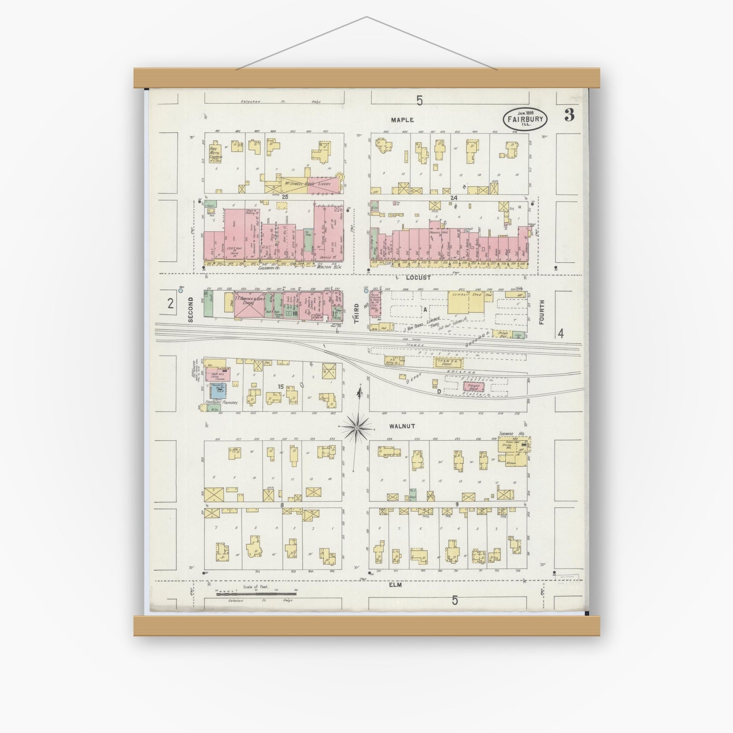 Old map wall art mockup — magnetic wood frame on white wall — Sanborn Fire Insurance Map from Fairbury, Livingston County, Illinois (1898), Sheet #0003