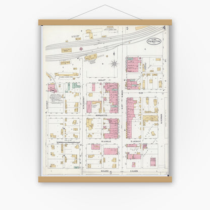 Old map wall art mockup — magnetic wood frame on white wall — Sanborn Fire Insurance Map from Princeton, Bureau County, Illinois (1897), Sheet #0004
