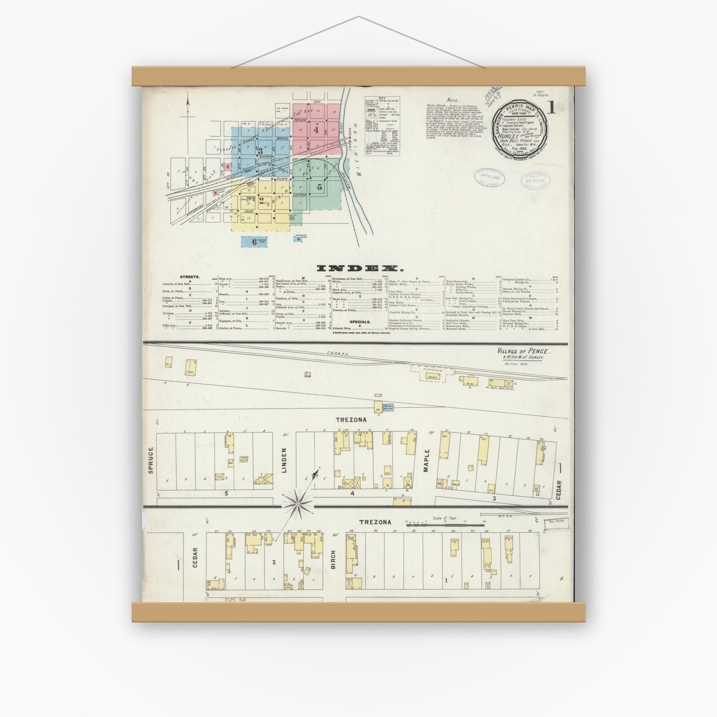 Old map wall art mockup — magnetic wood frame on white wall — Sanborn Fire Insurance Map from Hurley, Iron County, Wisconsin (1898) - Complete Map Set