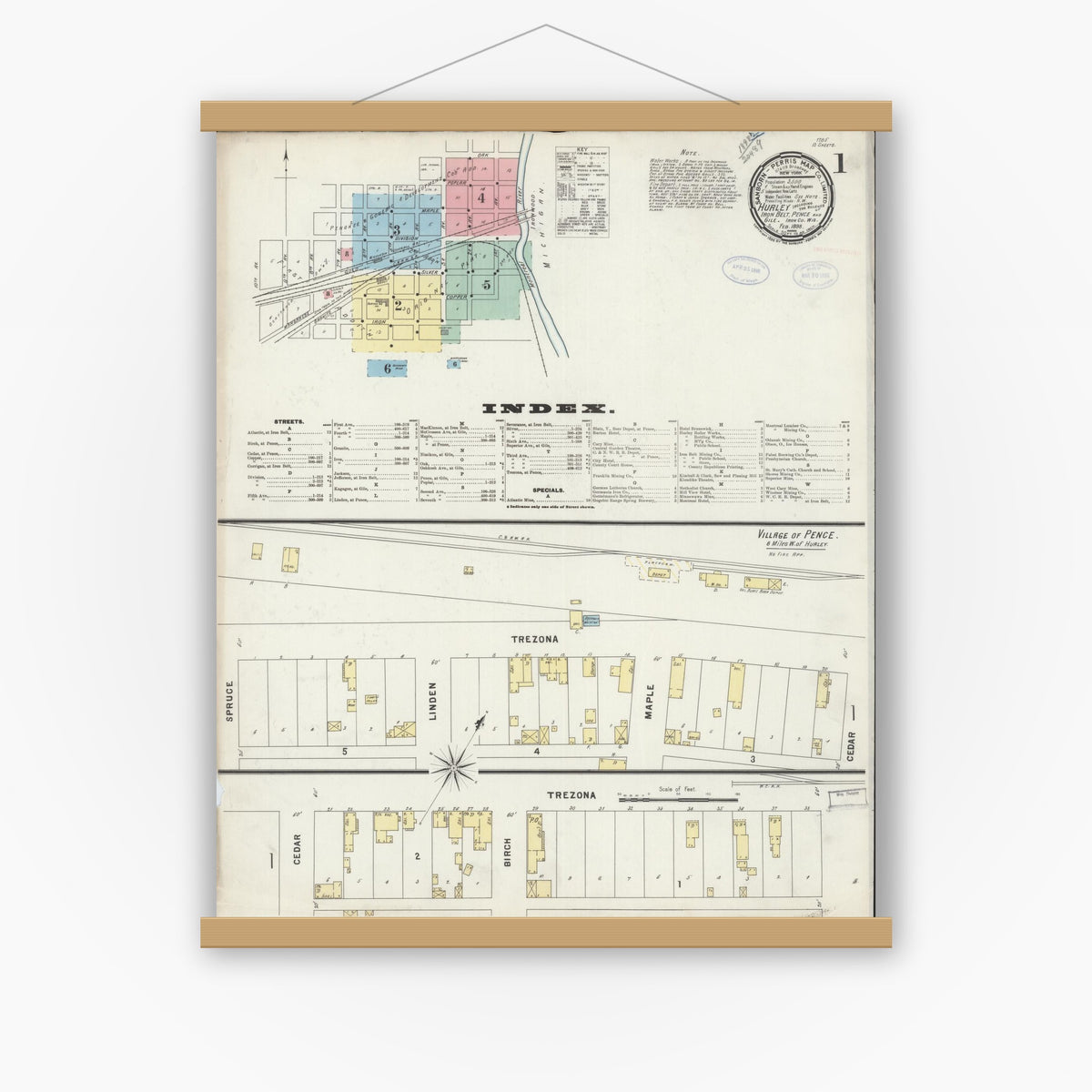 Old map wall art mockup — magnetic wood frame on white wall — Sanborn Fire Insurance Map from Hurley, Iron County, Wisconsin (1898) - Complete Map Set