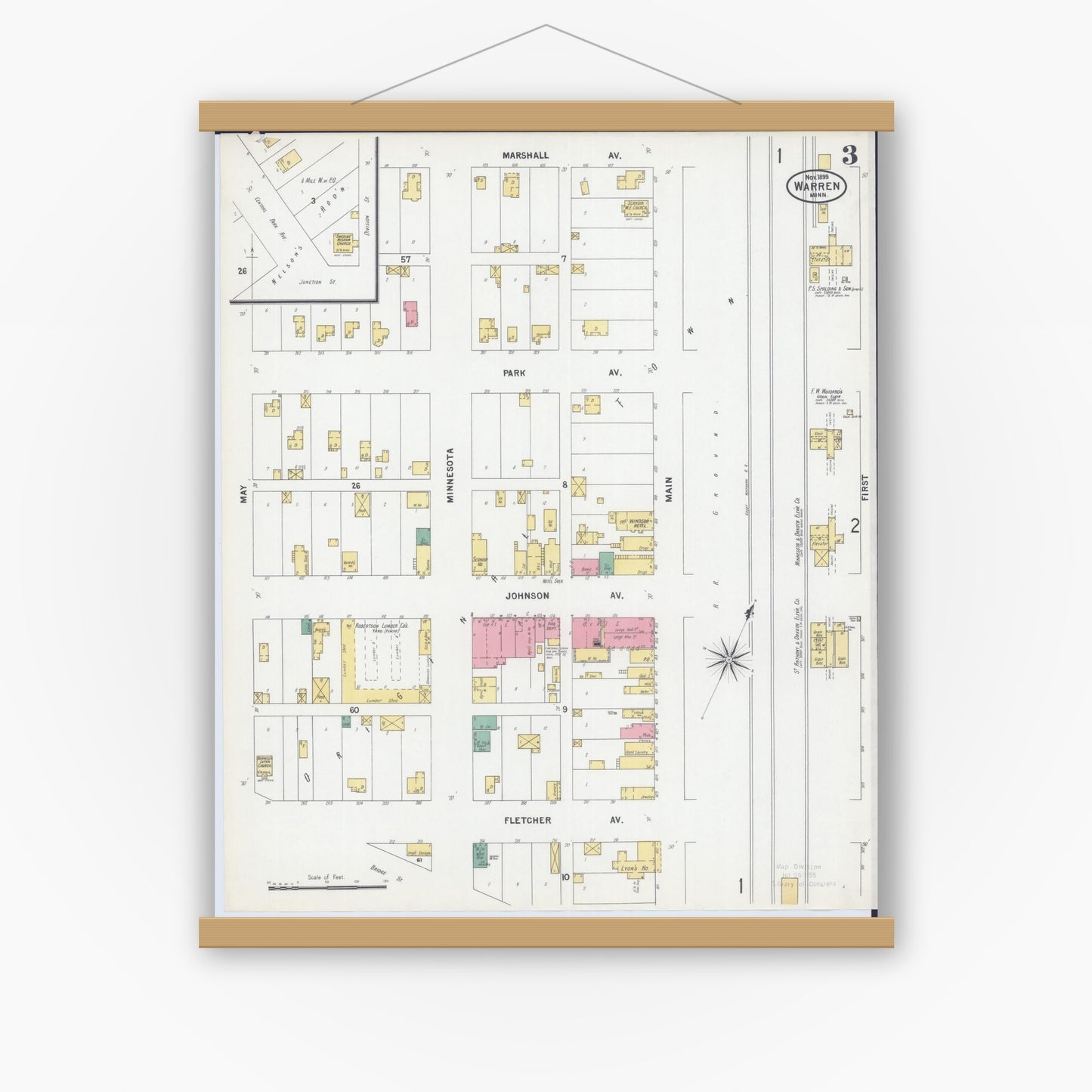 Old map wall art mockup — magnetic wood frame on white wall — Sanborn Fire Insurance Map from Warren, Marshall County, Minnesota (1899), Sheet #0003