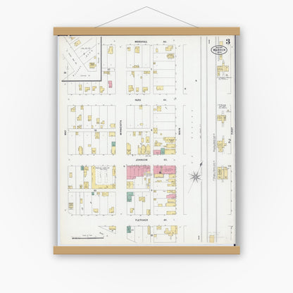 Old map wall art mockup — magnetic wood frame on white wall — Sanborn Fire Insurance Map from Warren, Marshall County, Minnesota (1899), Sheet #0003