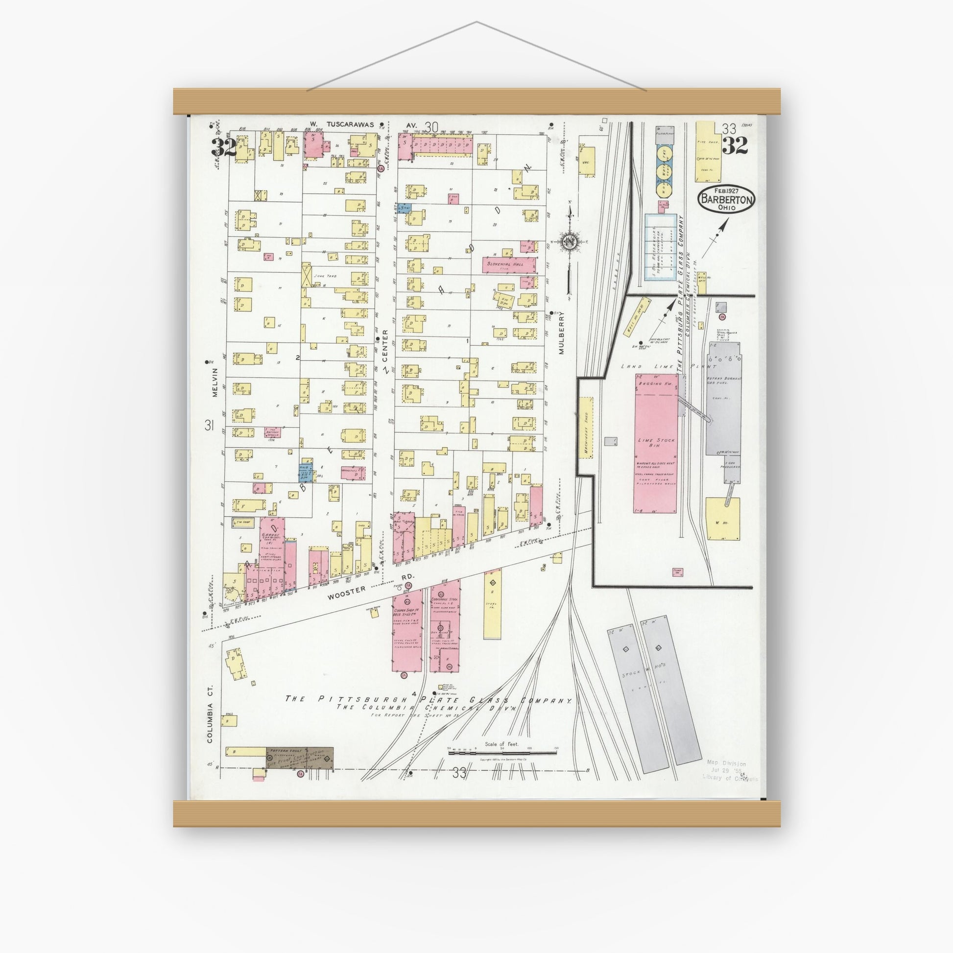 Old map wall art mockup — magnetic wood frame on white wall — Sanborn Fire Insurance Map from Barberton, Summit County, Ohio (1927), Sheet #0032
