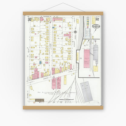 Old map wall art mockup — magnetic wood frame on white wall — Sanborn Fire Insurance Map from Barberton, Summit County, Ohio (1927), Sheet #0032