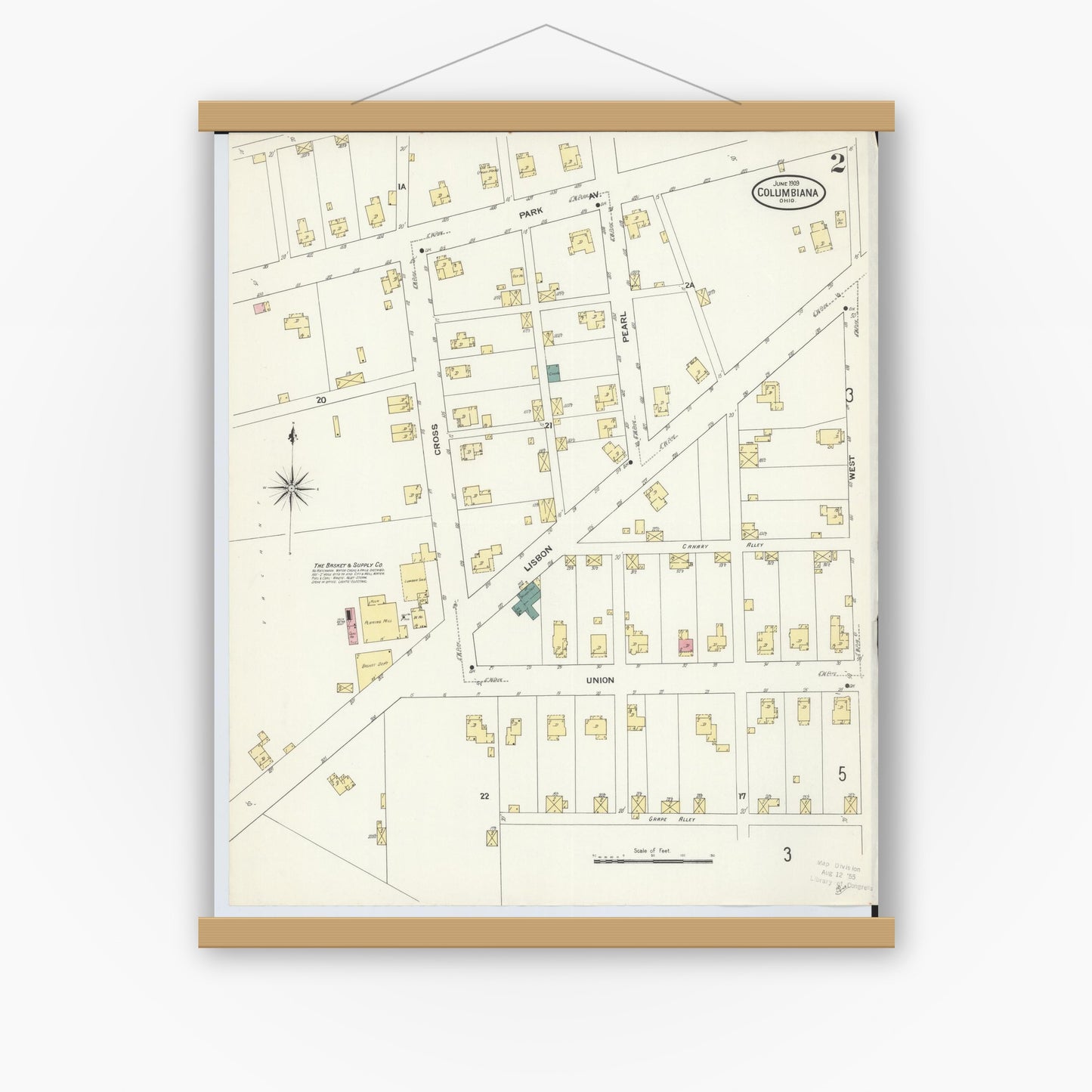 Old map wall art mockup — magnetic wood frame on white wall — Sanborn Fire Insurance Map from Columbiana, Columbiana County, Ohio (1909), Sheet #0002