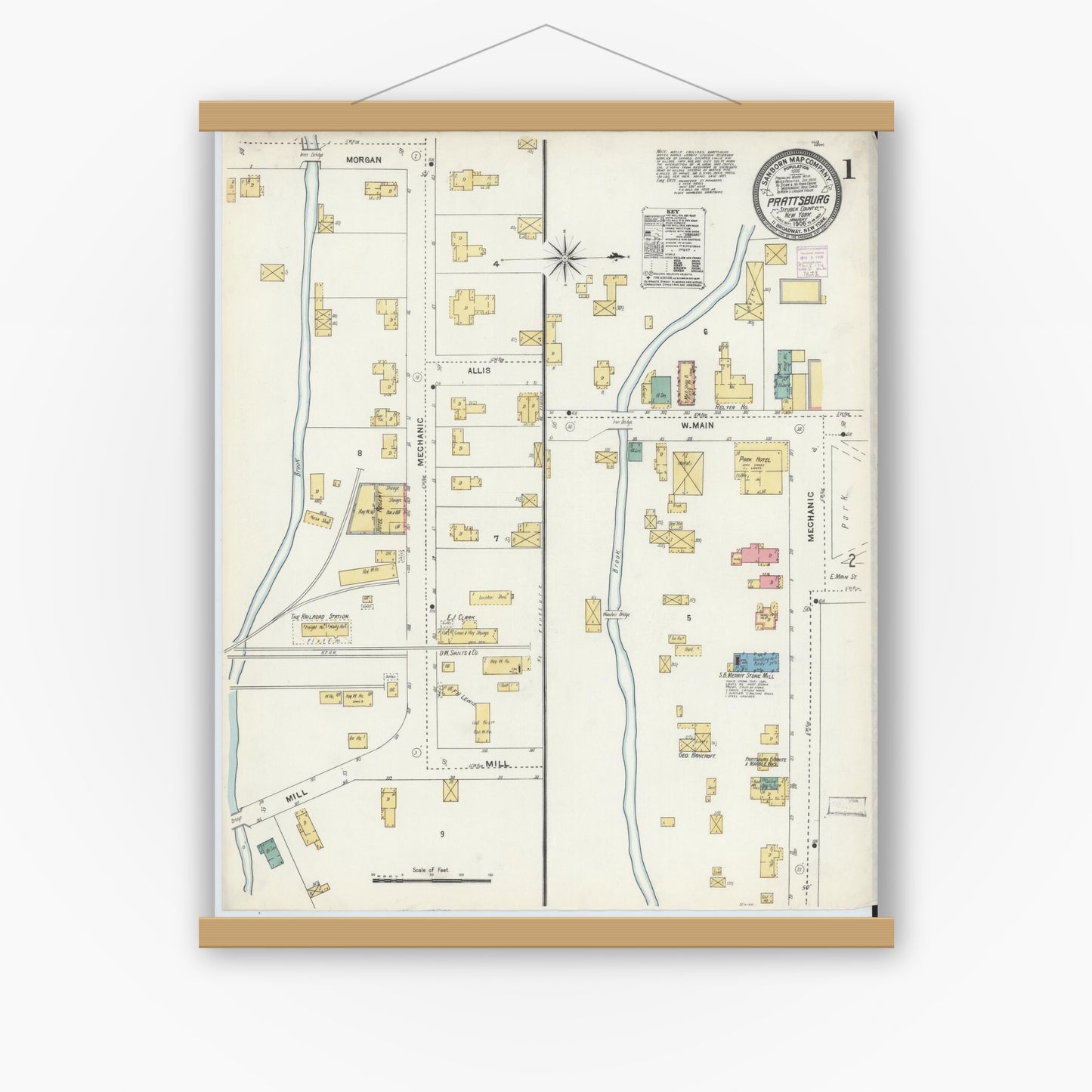 Old map wall art mockup — magnetic wood frame on white wall — Sanborn Fire Insurance Map from Prattsburgh, Steuben County, New York (1906) - Complete Map Set