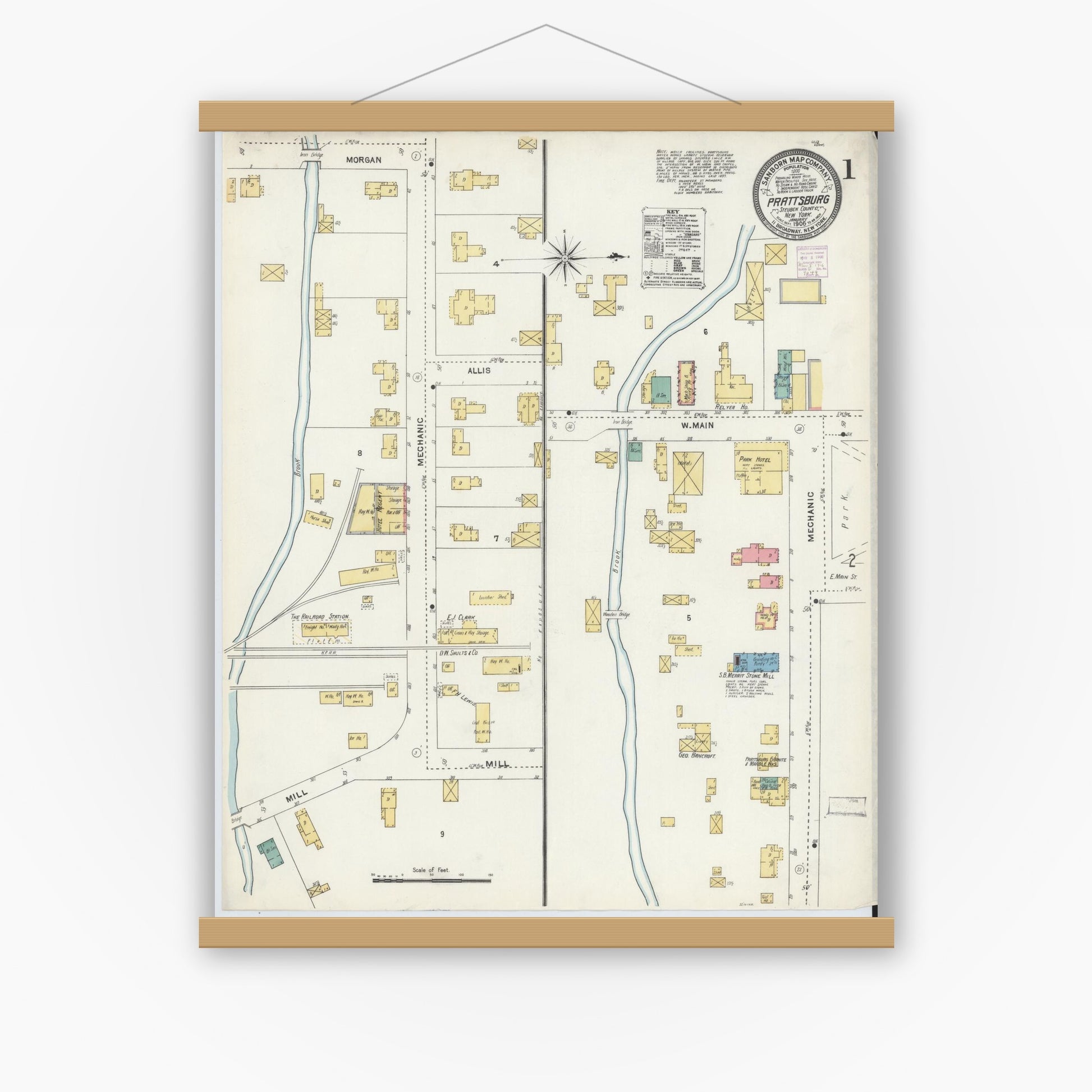 Old map wall art mockup — magnetic wood frame on white wall — Sanborn Fire Insurance Map from Prattsburgh, Steuben County, New York (1906) - Complete Map Set