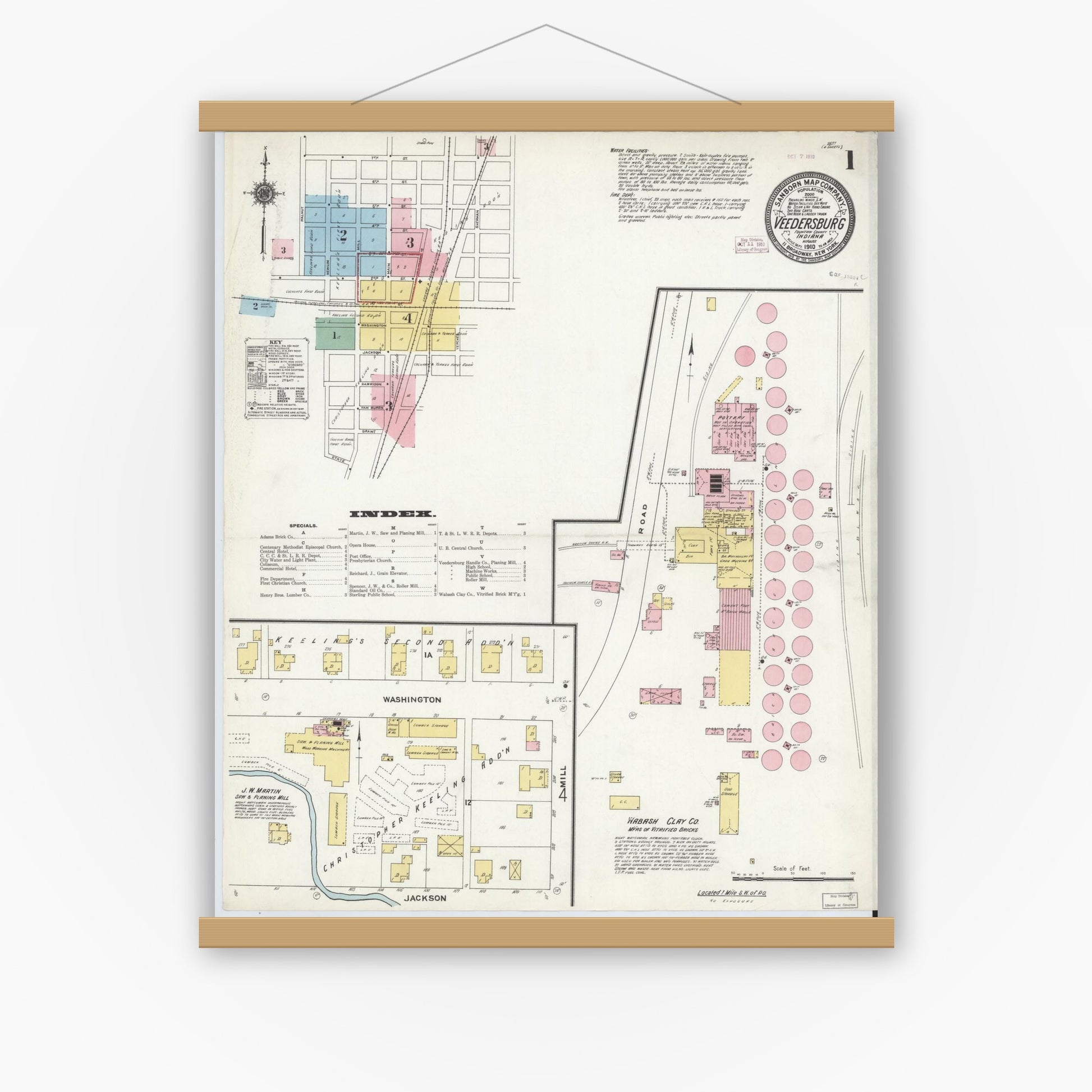 Old map wall art mockup — magnetic wood frame on white wall — Sanborn Fire Insurance Map from Veedersburg, Fountain County, Indiana (1910) - Complete Map Set