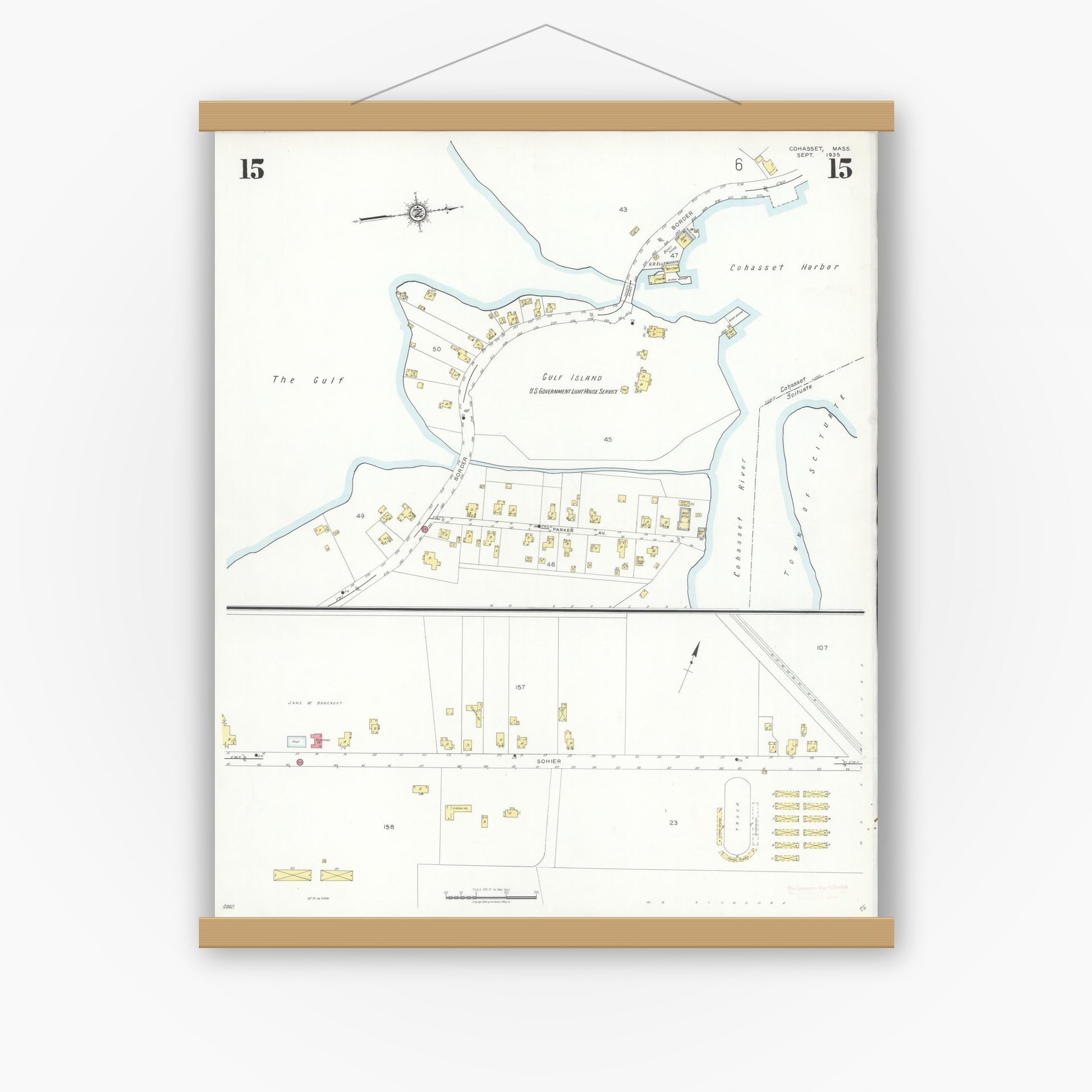 Old map wall art mockup — magnetic wood frame on white wall — Sanborn Fire Insurance Map from Cohasset, Norfolk County, Massachusetts (1935), Sheet #0015