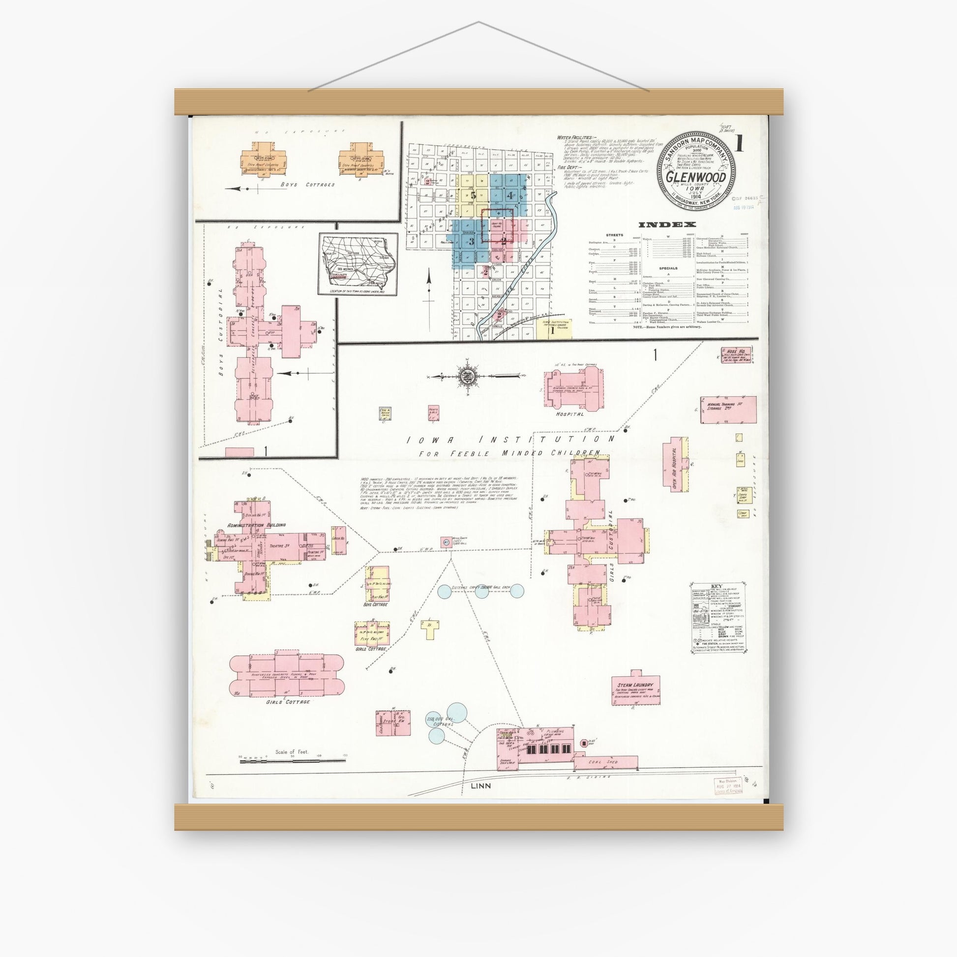 Old map wall art mockup — magnetic wood frame on white wall — Sanborn Fire Insurance Map from Glenwood, Mills County, Iowa (1914), Sheet #0001