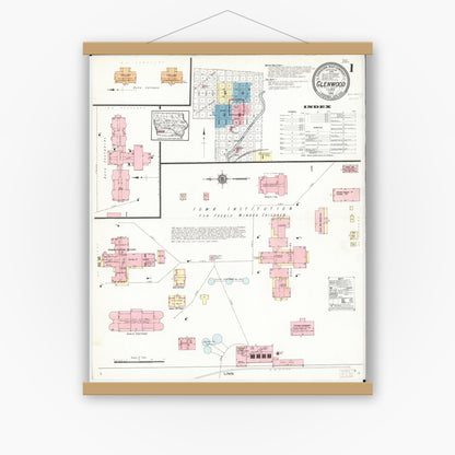 Old map wall art mockup — magnetic wood frame on white wall — Sanborn Fire Insurance Map from Glenwood, Mills County, Iowa (1914), Sheet #0001
