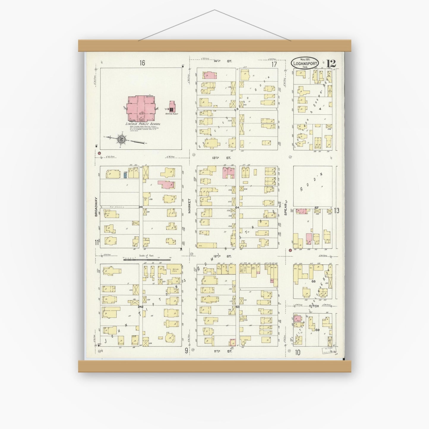 Old map wall art mockup — magnetic wood frame on white wall — Sanborn Fire Insurance Map from Logansport, Cass County, Indiana (1911), Sheet #0012