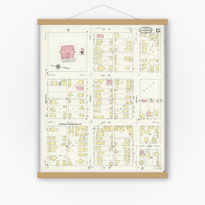 Old map wall art mockup — magnetic wood frame on white wall — Sanborn Fire Insurance Map from Logansport, Cass County, Indiana (1911), Sheet #0012
