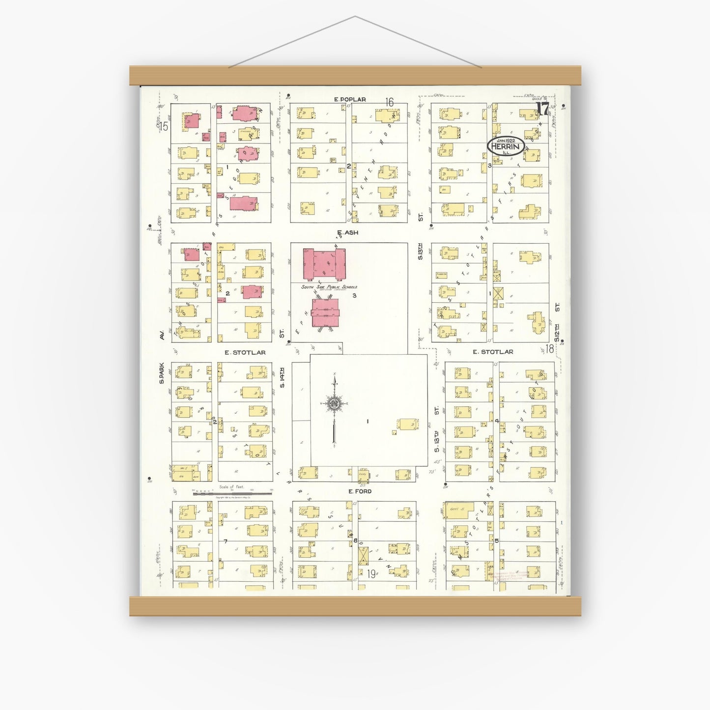 Old map wall art mockup — magnetic wood frame on white wall — Sanborn Fire Insurance Map from Herrin, Williamson County, Illinois (1922), Sheet #0017