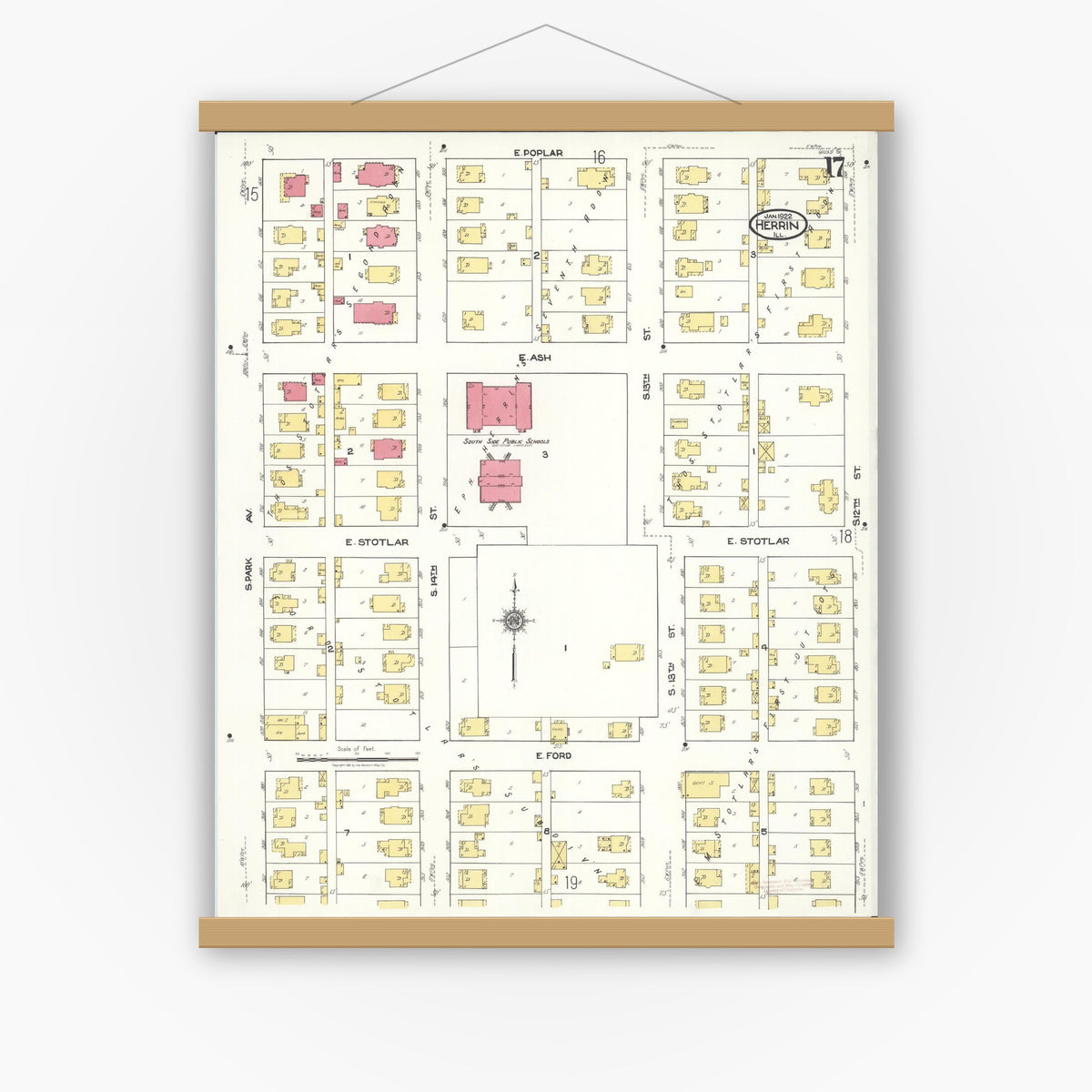 Old map wall art mockup — magnetic wood frame on white wall — Sanborn Fire Insurance Map from Herrin, Williamson County, Illinois (1922), Sheet #0017