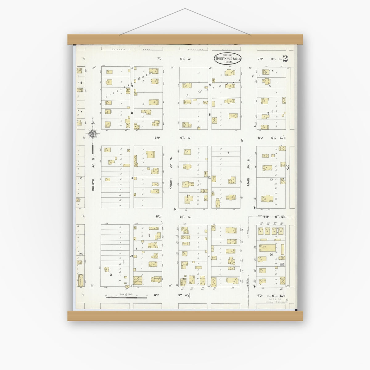 Old map wall art mockup — magnetic wood frame on white wall — Sanborn Fire Insurance Map from Thief River Falls, Pennington County, Minnesota (1912), Sheet #0002
