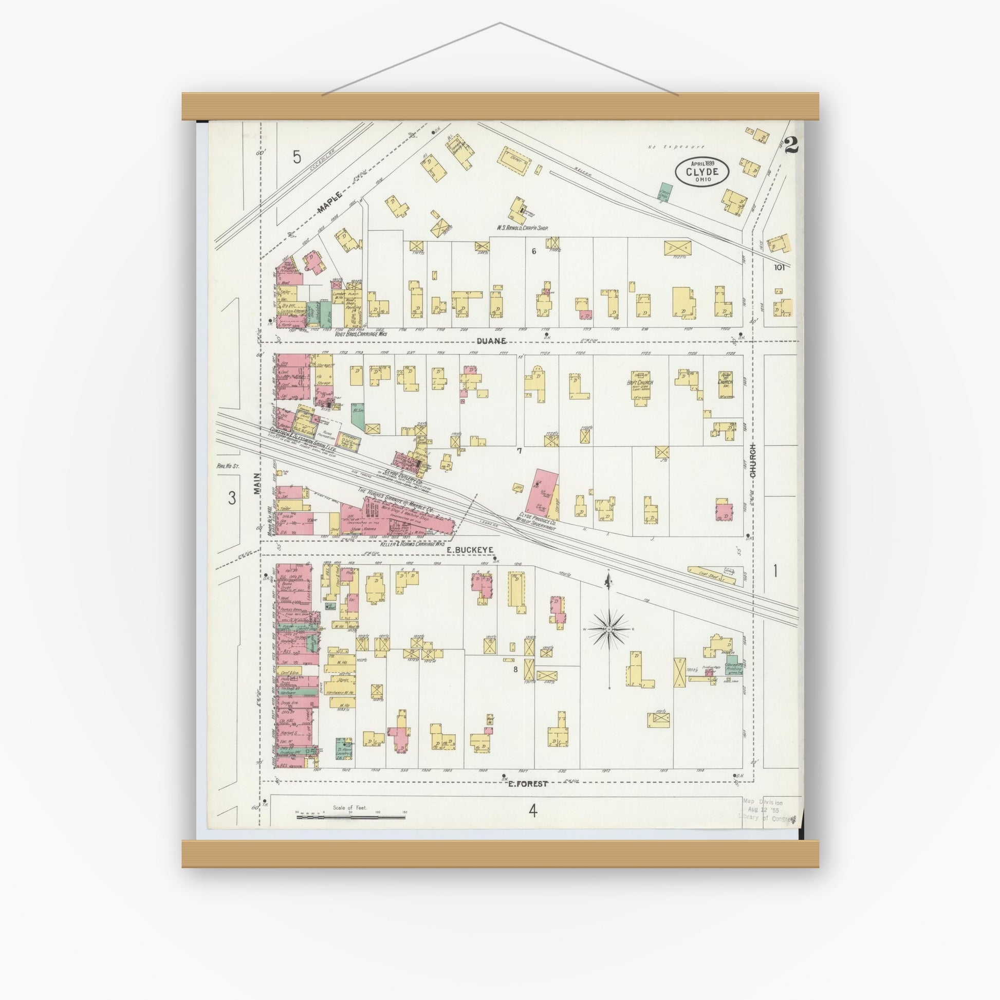 Old map wall art mockup — magnetic wood frame on white wall — Sanborn Fire Insurance Map from Clyde, Sandusky County, Ohio (1899), Sheet #0002