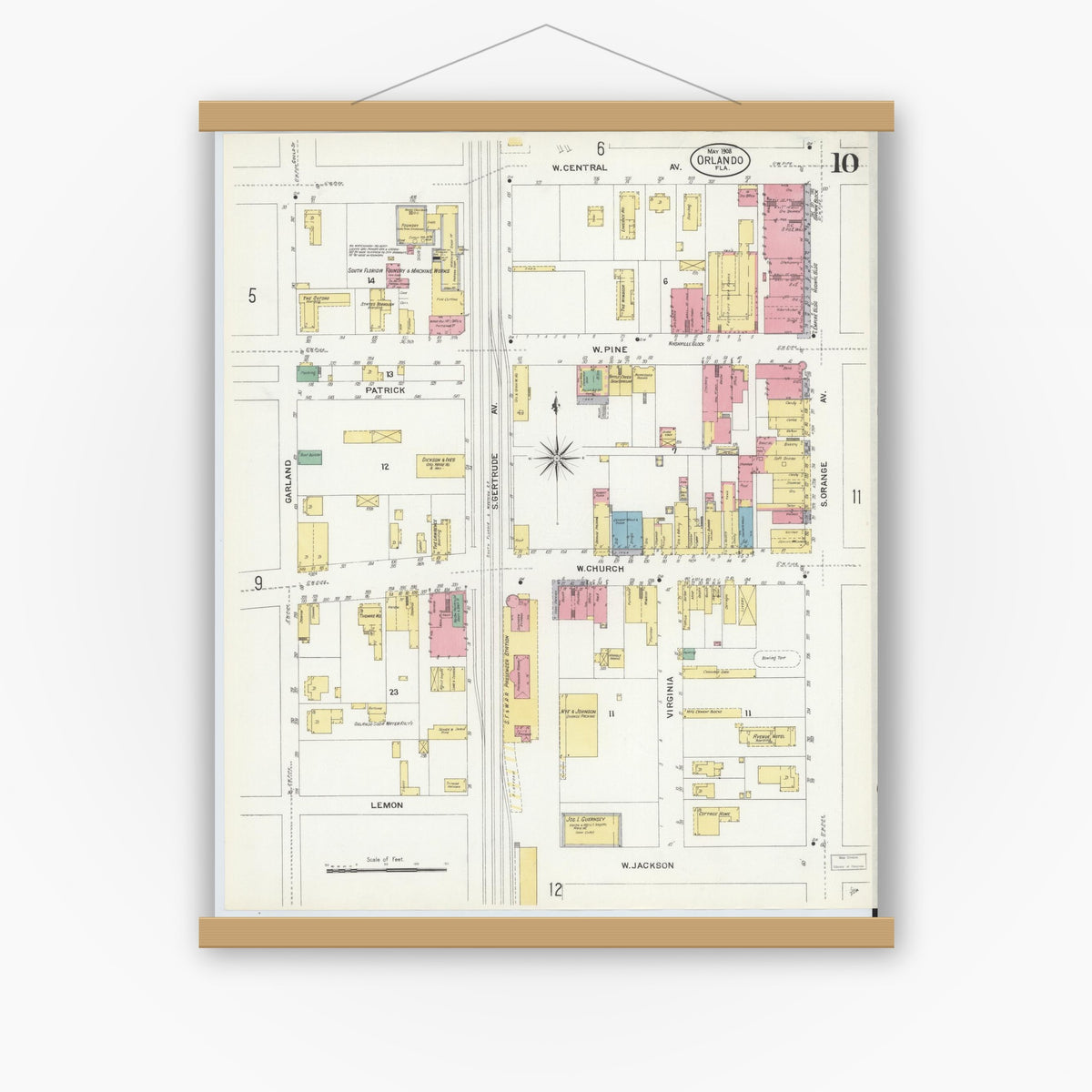 Old map wall art mockup — magnetic wood frame on white wall — Sanborn Fire Insurance Map from Orlando, Orange County, Florida (1908), Sheet #0010
