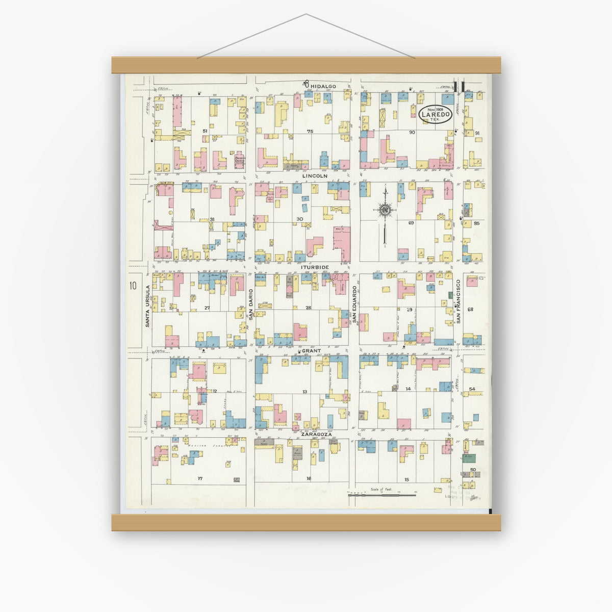 Old map wall art mockup — magnetic wood frame on white wall — Sanborn Fire Insurance Map from Laredo, Webb County, Texas (1909), Sheet #0011