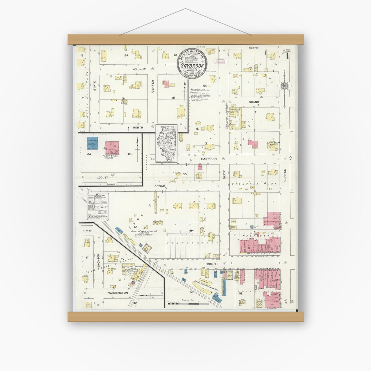Old map wall art mockup — magnetic wood frame on white wall — Sanborn Fire Insurance Map from Saybrook, McLean County, Illinois (1913) - Complete Map Set