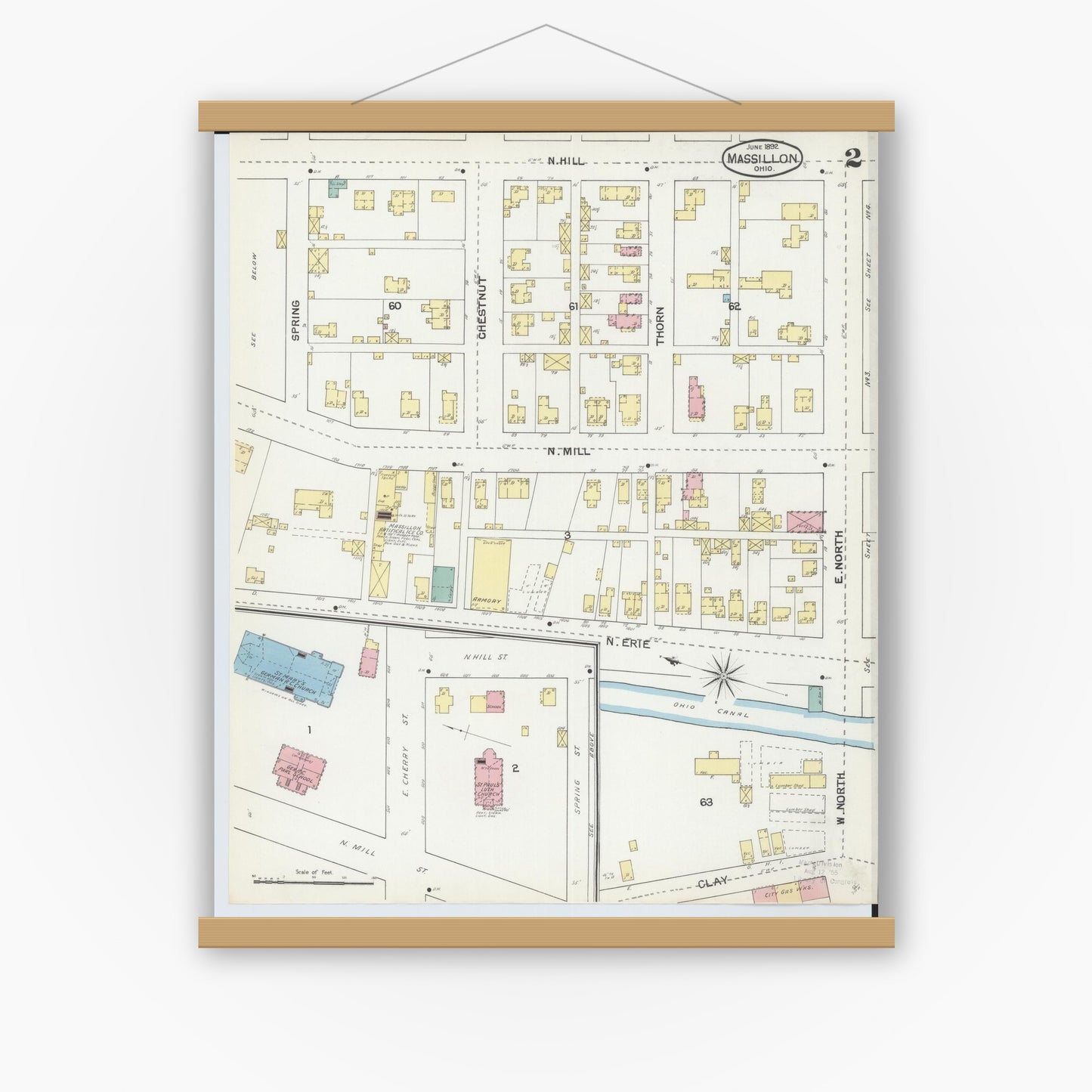 Old map wall art mockup — magnetic wood frame on white wall — Sanborn Fire Insurance Map from Massillon, Stark County, Ohio (1892), Sheet #0002