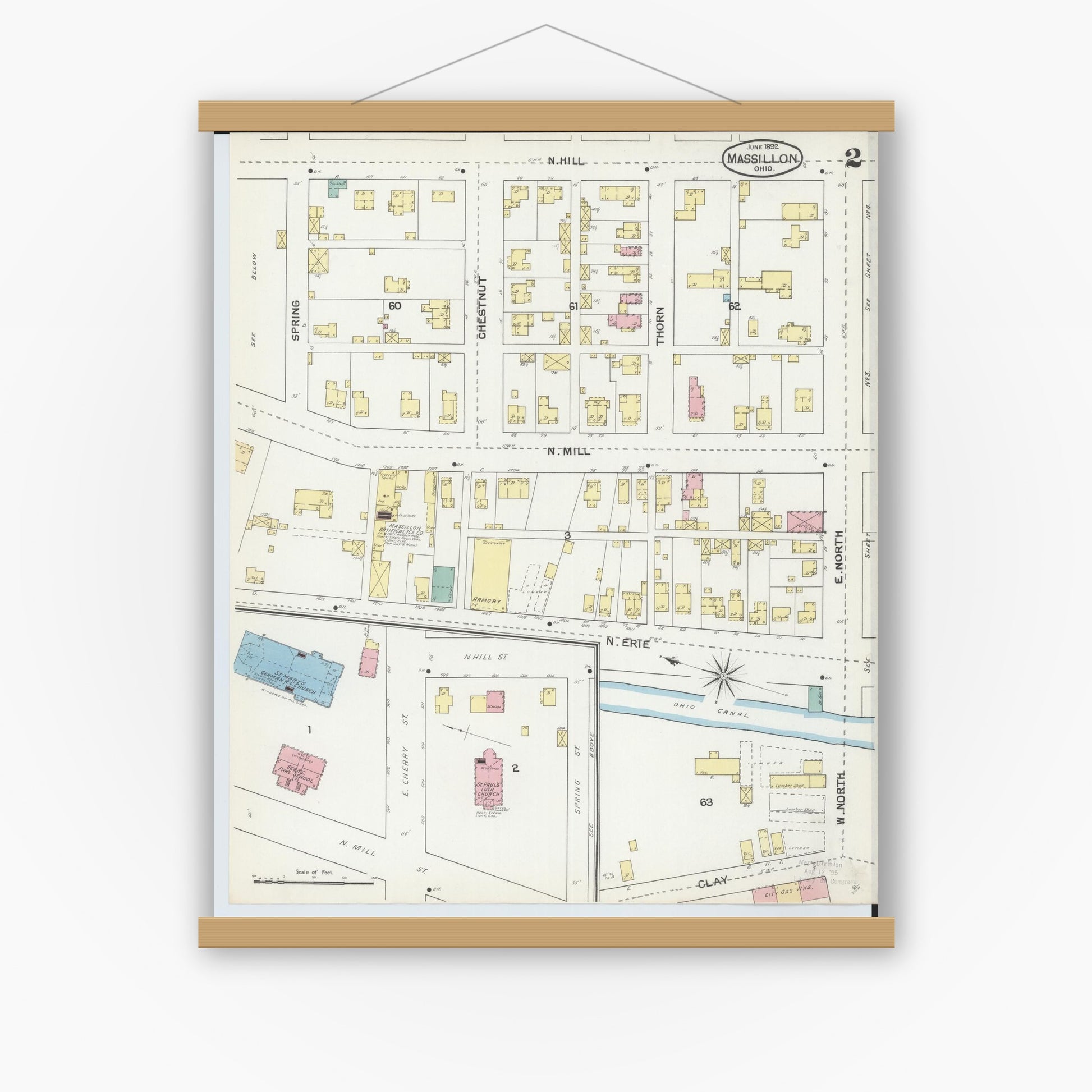 Old map wall art mockup — magnetic wood frame on white wall — Sanborn Fire Insurance Map from Massillon, Stark County, Ohio (1892), Sheet #0002