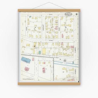Old map wall art mockup — magnetic wood frame on white wall — Sanborn Fire Insurance Map from Massillon, Stark County, Ohio (1892), Sheet #0002