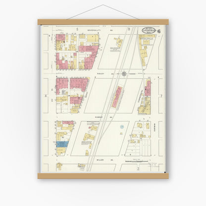 Old map wall art mockup — magnetic wood frame on white wall — Sanborn Fire Insurance Map from Litchfield, Meeker County, Minnesota (1917), Sheet #0006
